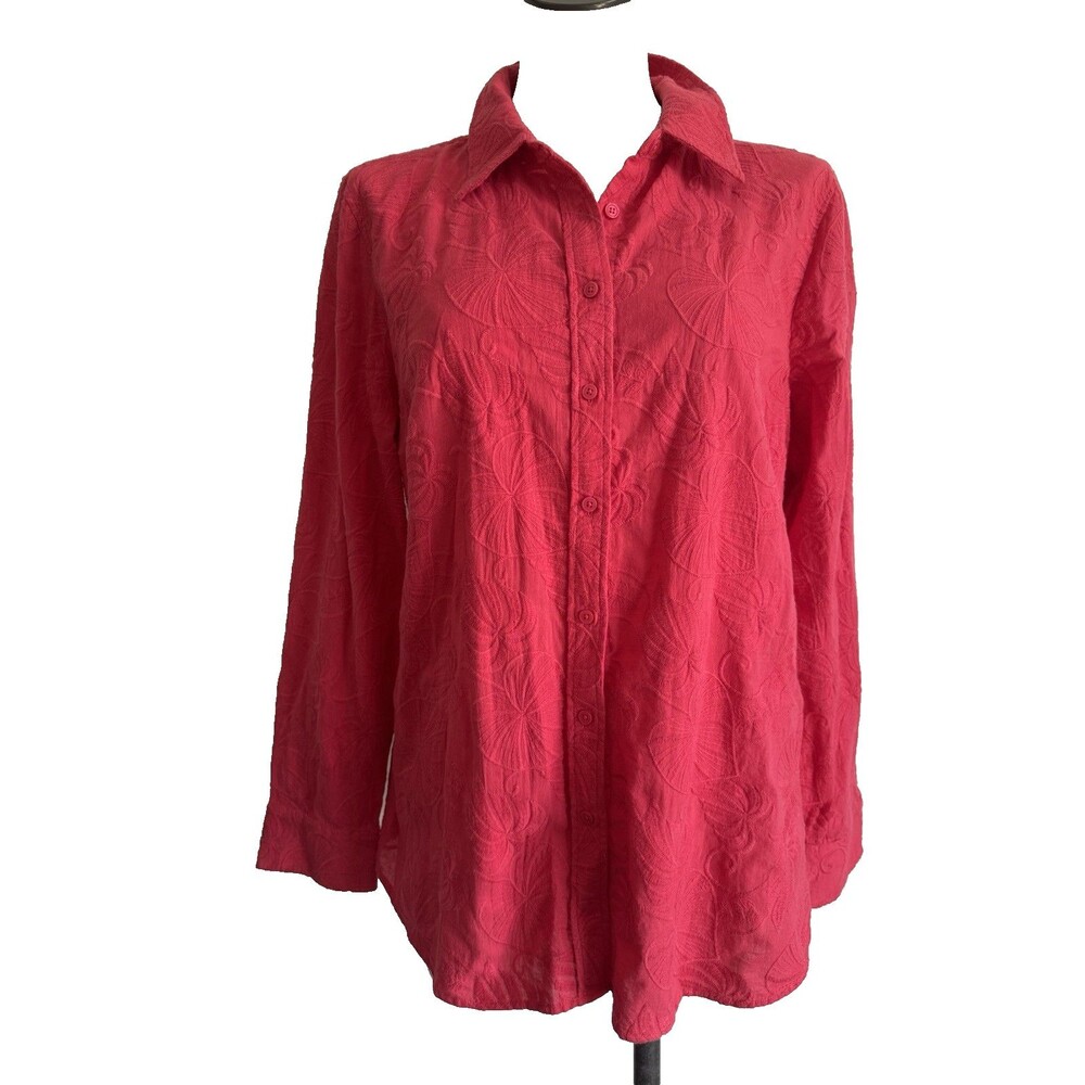 NEW Talbots Coral Jacquard Button Down Shirt Womens Size Large Long Sleeve Leaf